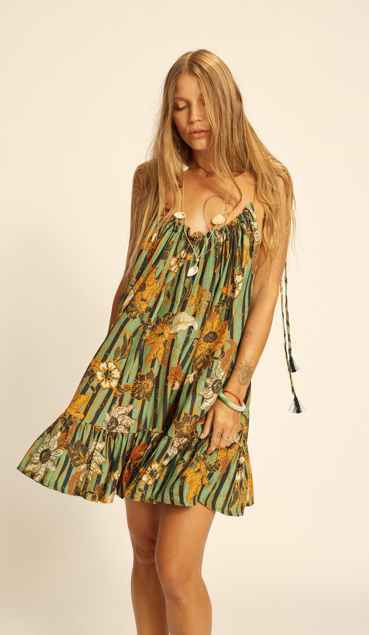 Jerusha Mini Dress | Sunflower Stripe Print Moss Green