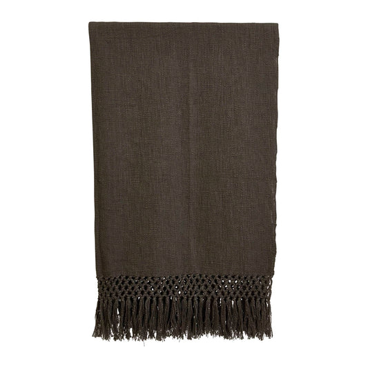 BLACK COTTON THROW WITH CROCHET AND FRINGE
