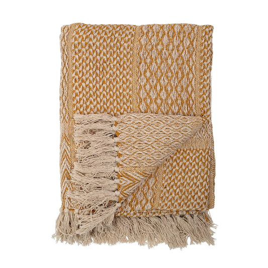 MUSTARD COTTON KNIT THROW WITH FRINGE