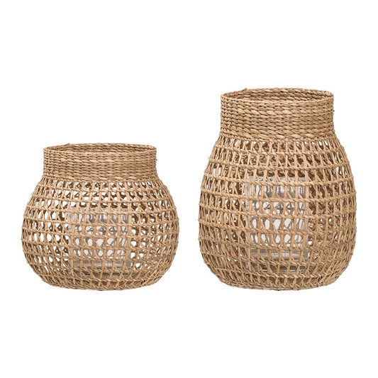 HAND WOVEN SEAGRASS LANTERN WITH GLASS VOTIVE SET OF 2